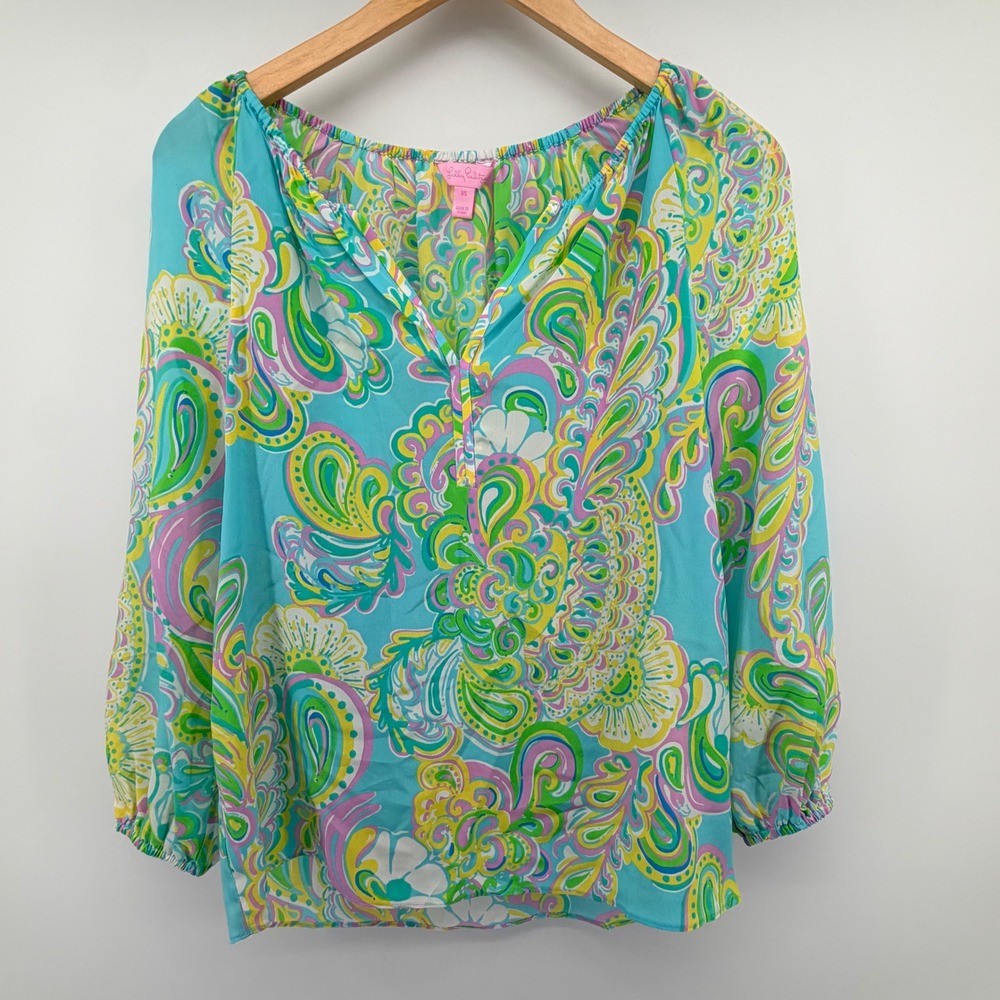Lilly Pulitzer‎ Silk Paisley Blouse XS Blue Pink Green Floral Boho Top